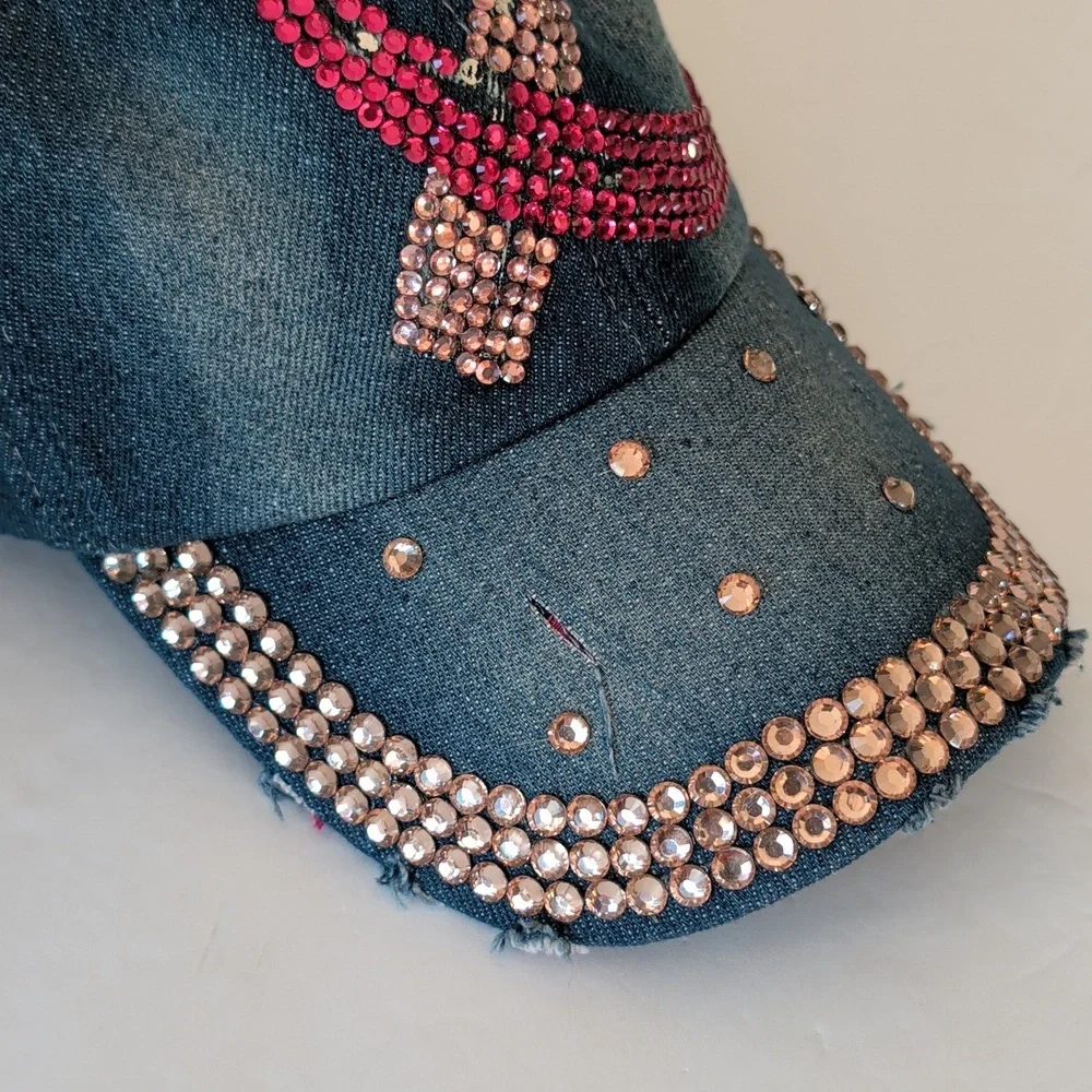 Distressed Pink Ribbon Breast Cancer Awareness Blue Denim Cap